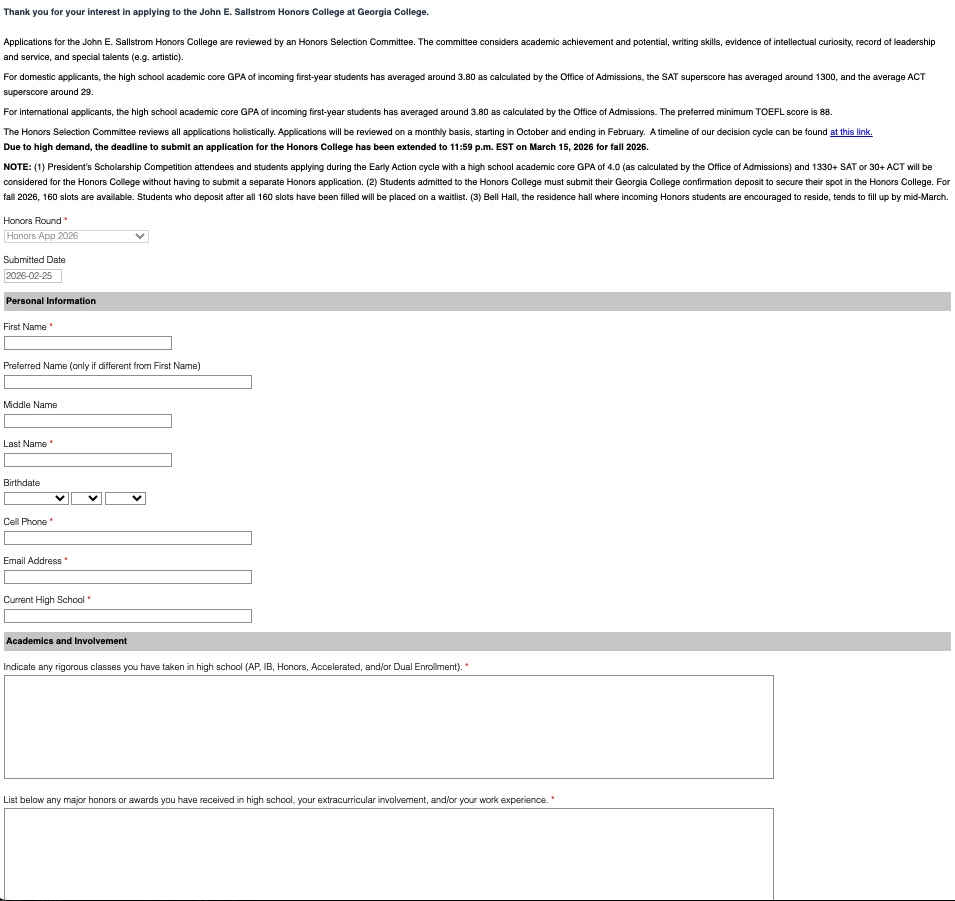 Honors College application form