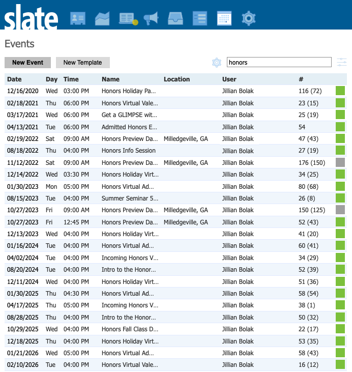 Honors virtual events listing