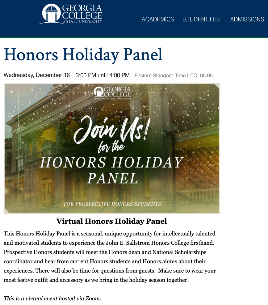 Honors Holiday Panel event page